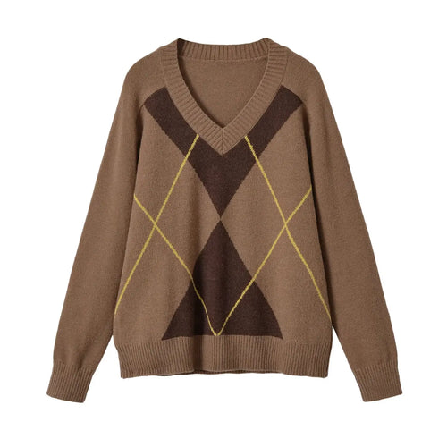Front flat lay of argyle v neck oversized sweater