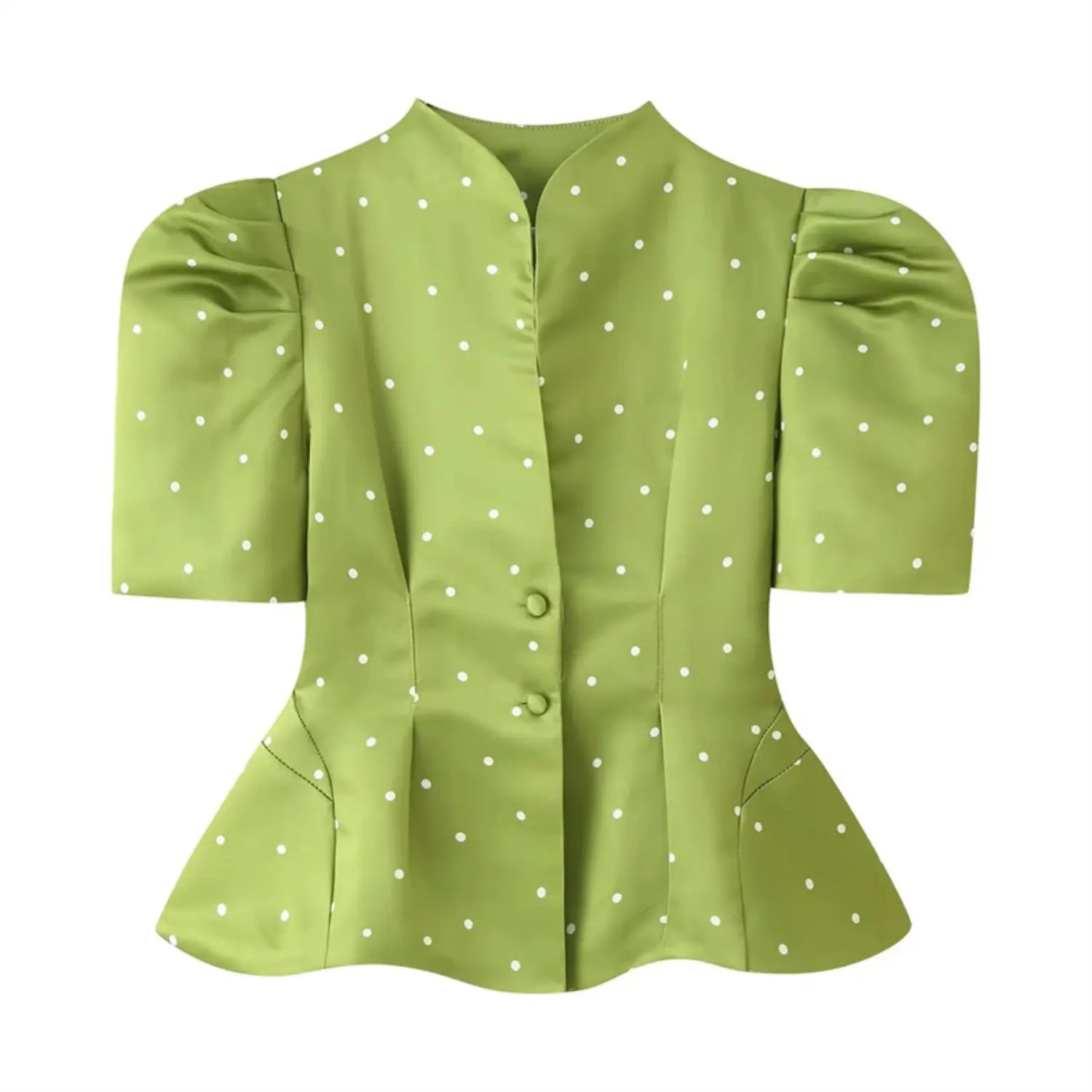 Full front flat lay of avocado green polka dot blouse, split stand collar, puff short sleeves, two matching fabric covered buttons, waist shaping darts, flared peplum hem, glossy satin fabric