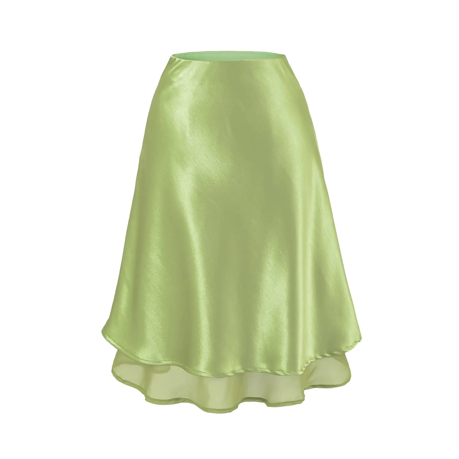 Spring summer avocado green satin two-layer skirt flat shot, fresh bright glossy fabric layered mesh hem skin-flattering romantic mini skirt shot