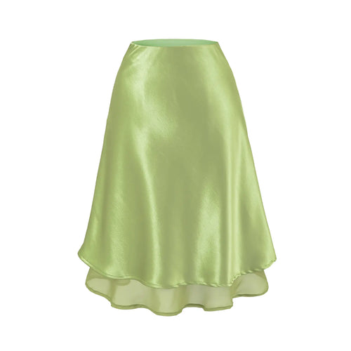 Spring summer avocado green satin two-layer skirt flat shot, fresh bright glossy fabric layered mesh hem skin-flattering romantic mini skirt shot