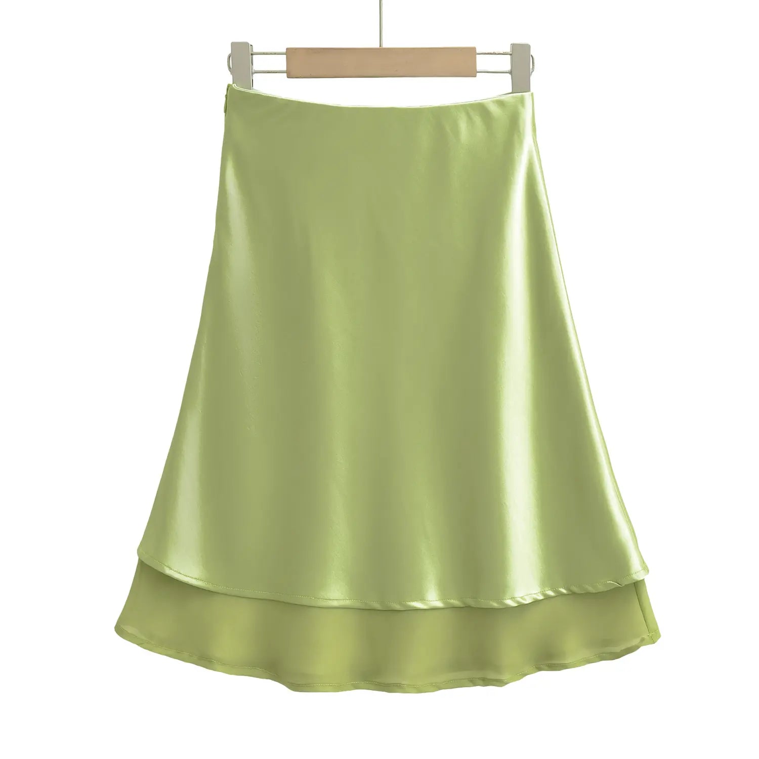 Avocado green satin skirt full front hanging shot, smooth elastic high waistband naturally flared A-line double hem soft satin drape full silhouette shot