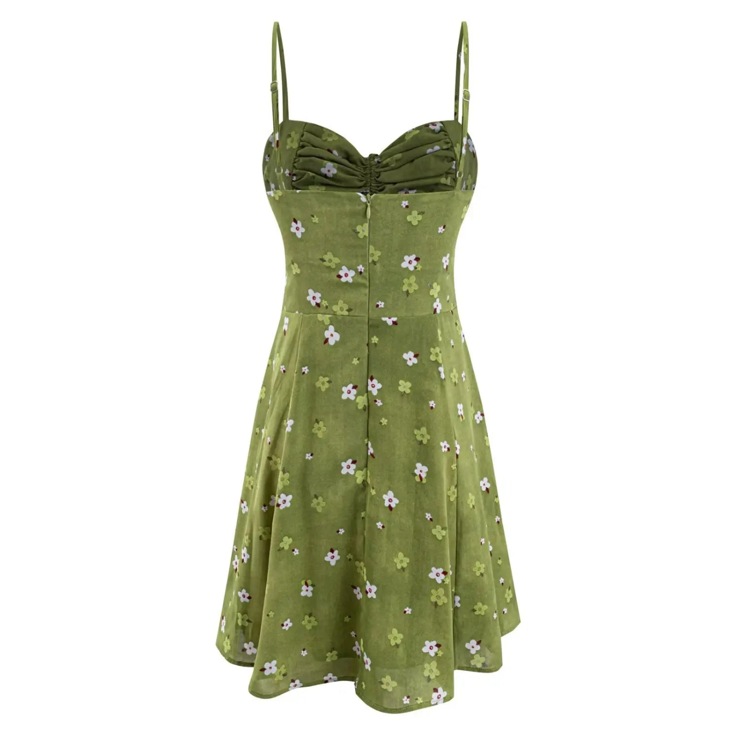 Avocado green tiny floral cami mini dress full back flat lay, adjustable printed thin straps invisible back zipper chiffon fabric white background shot