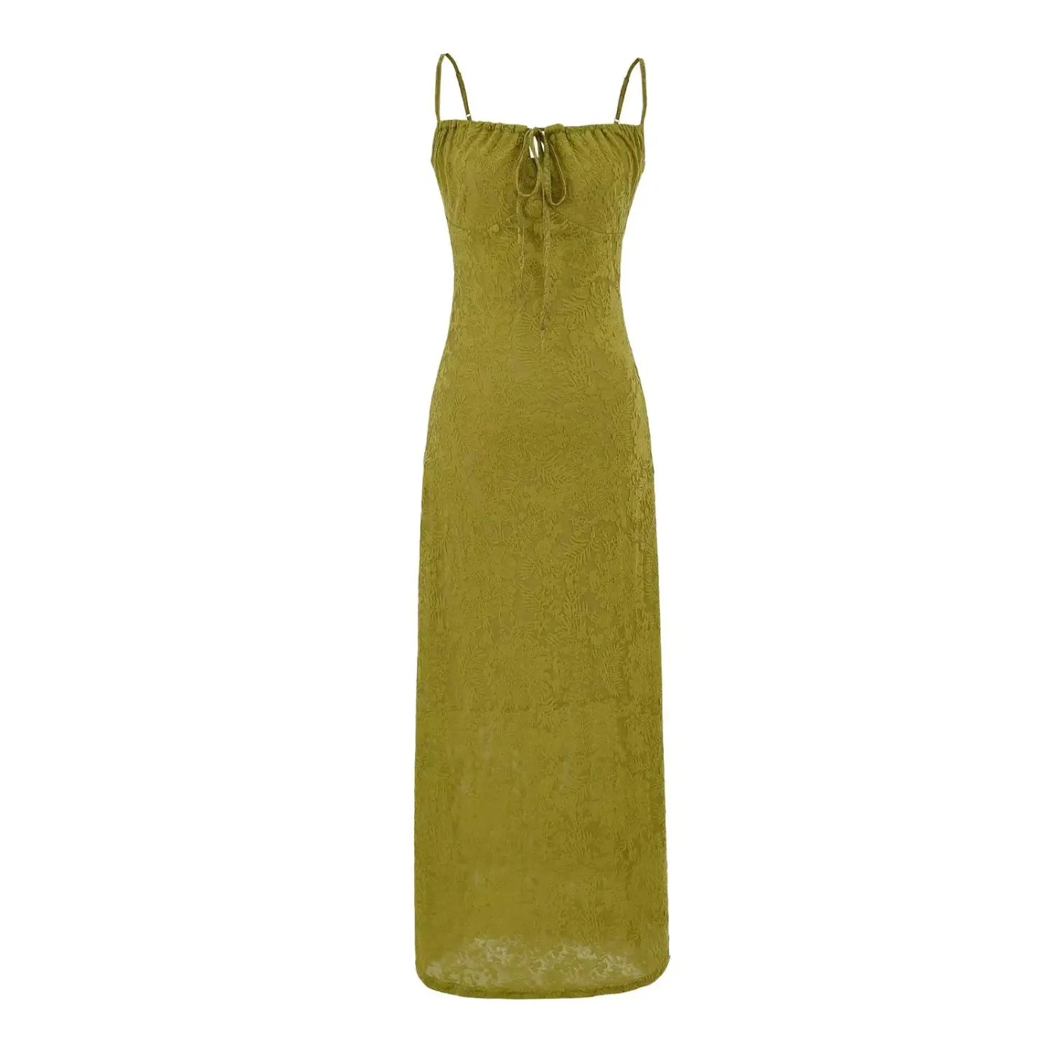 Front full view of avocado green lace slip maxi dress with thin spaghetti straps
