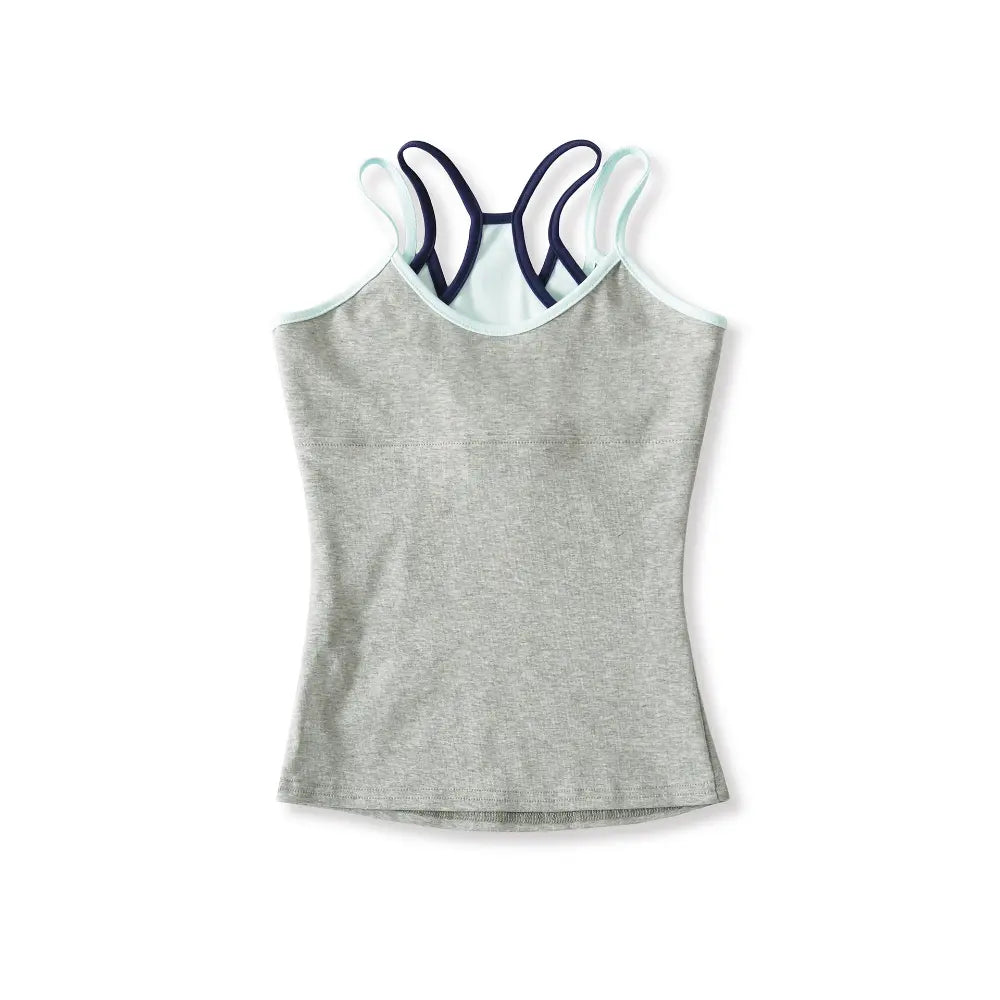 Full back view on white background of the layered gray and light blue camisole top