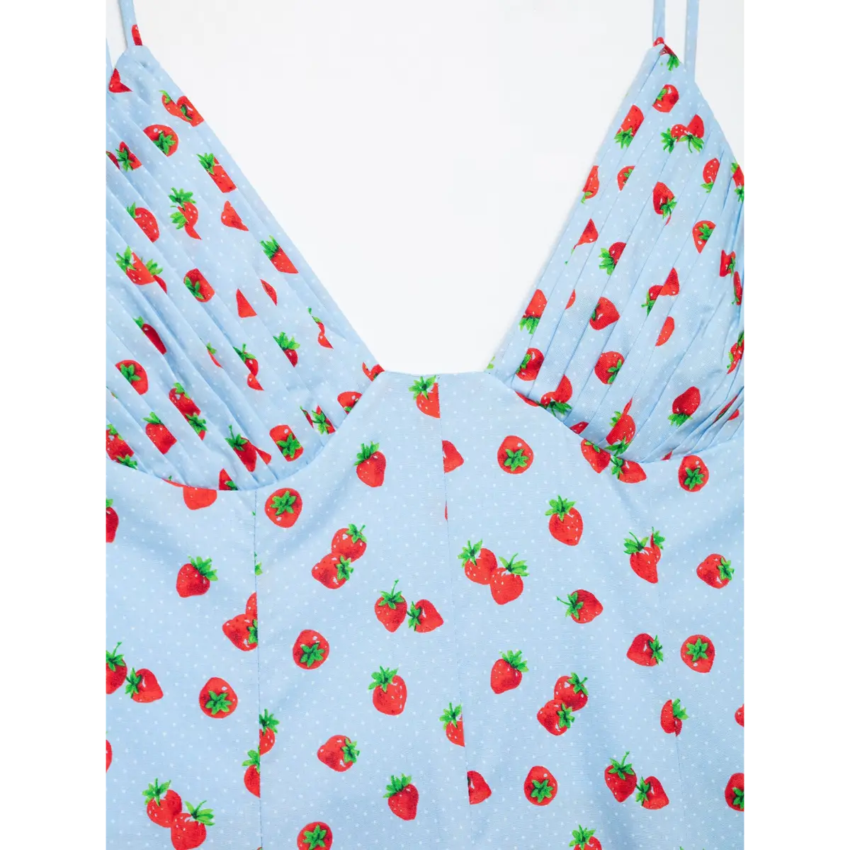 Close up front pleated bust of light blue strawberry print slip maxi dress
