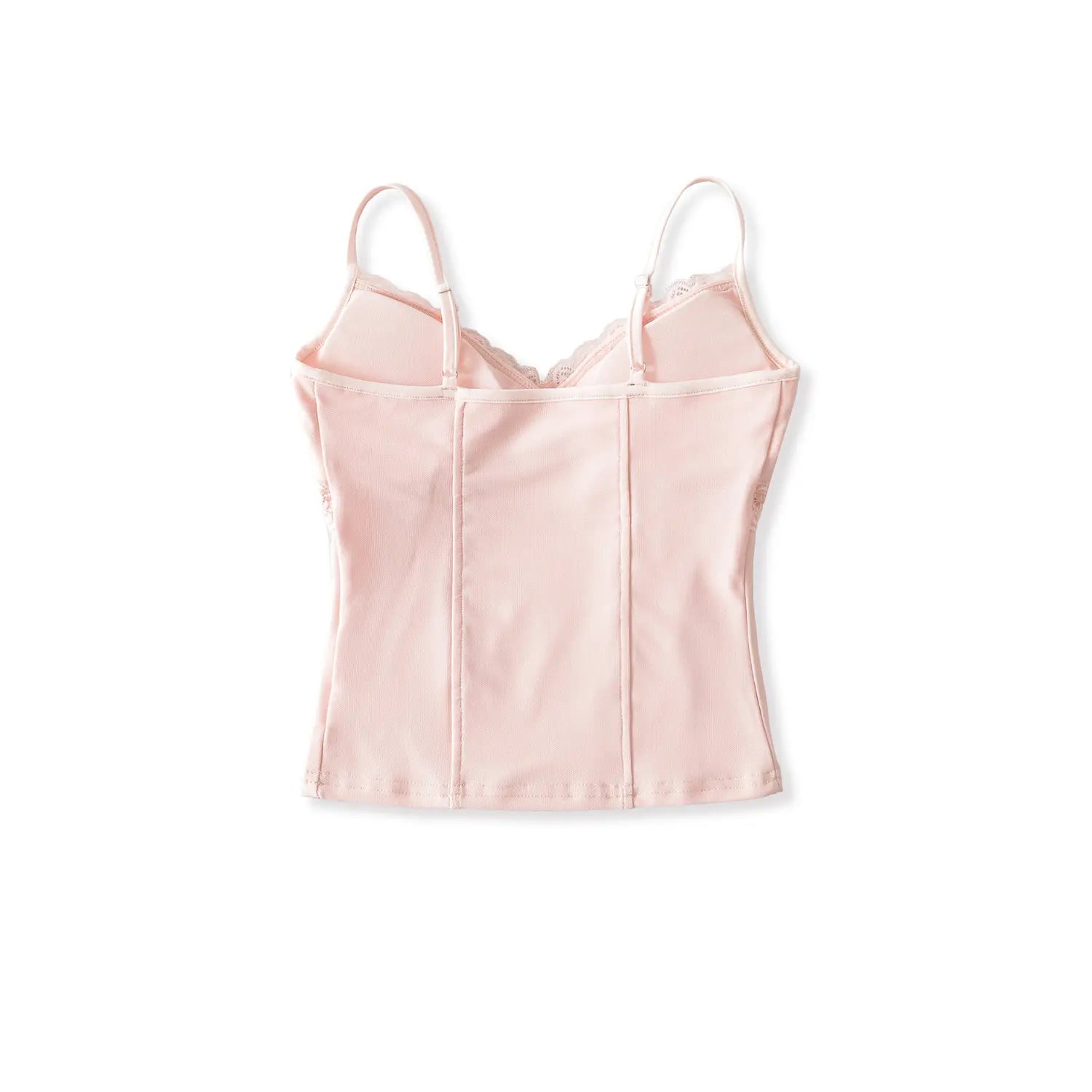 Full back flat view pink camisole, smooth solid back panel, adjustable slider straps, neat hem overlock stitching