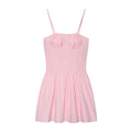  Full front flat lay of blush pink corset mini slip dress, shirred bust + vertical pintuck waist + flared A-line skirt.