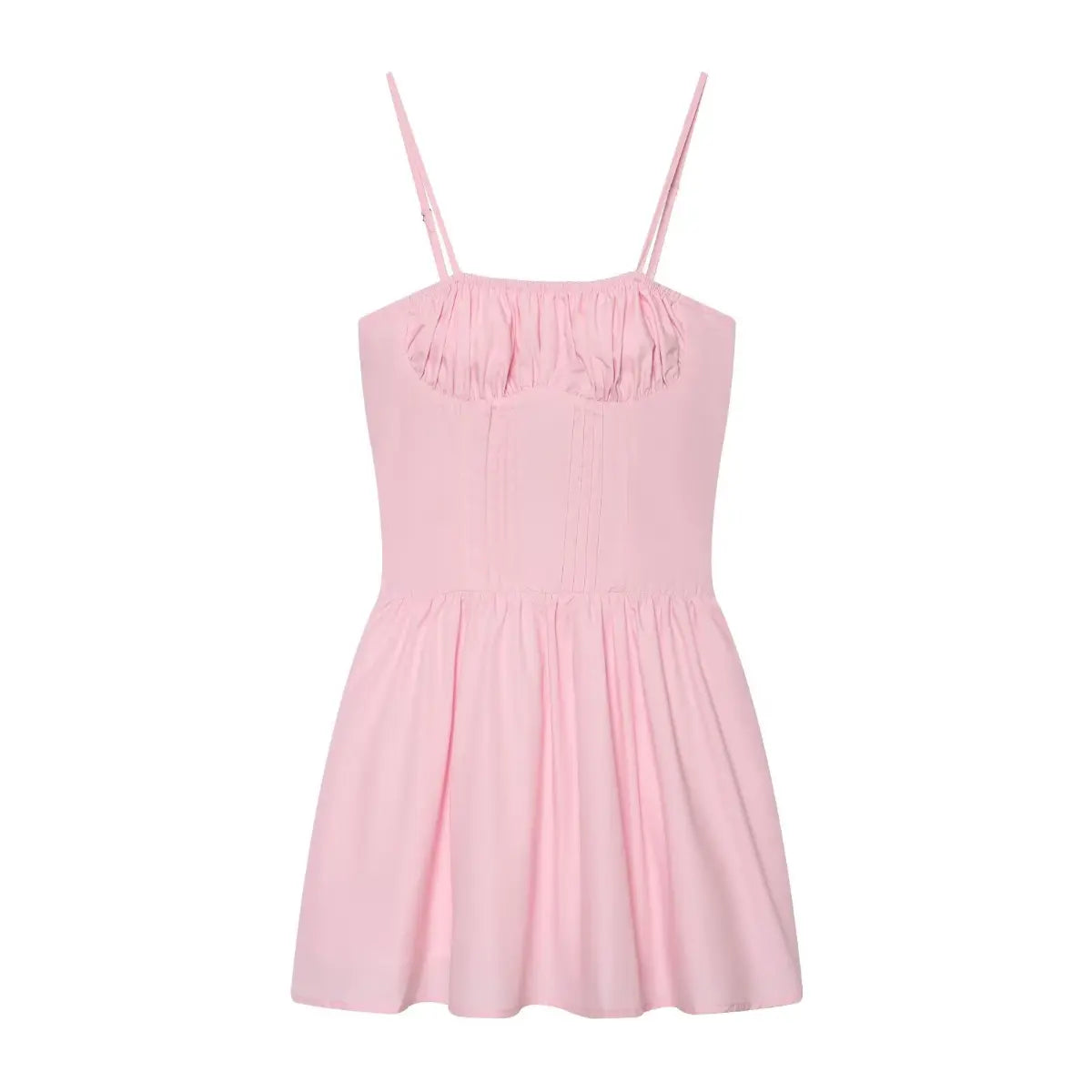  Full front flat lay of blush pink corset mini slip dress, shirred bust + vertical pintuck waist + flared A-line skirt.