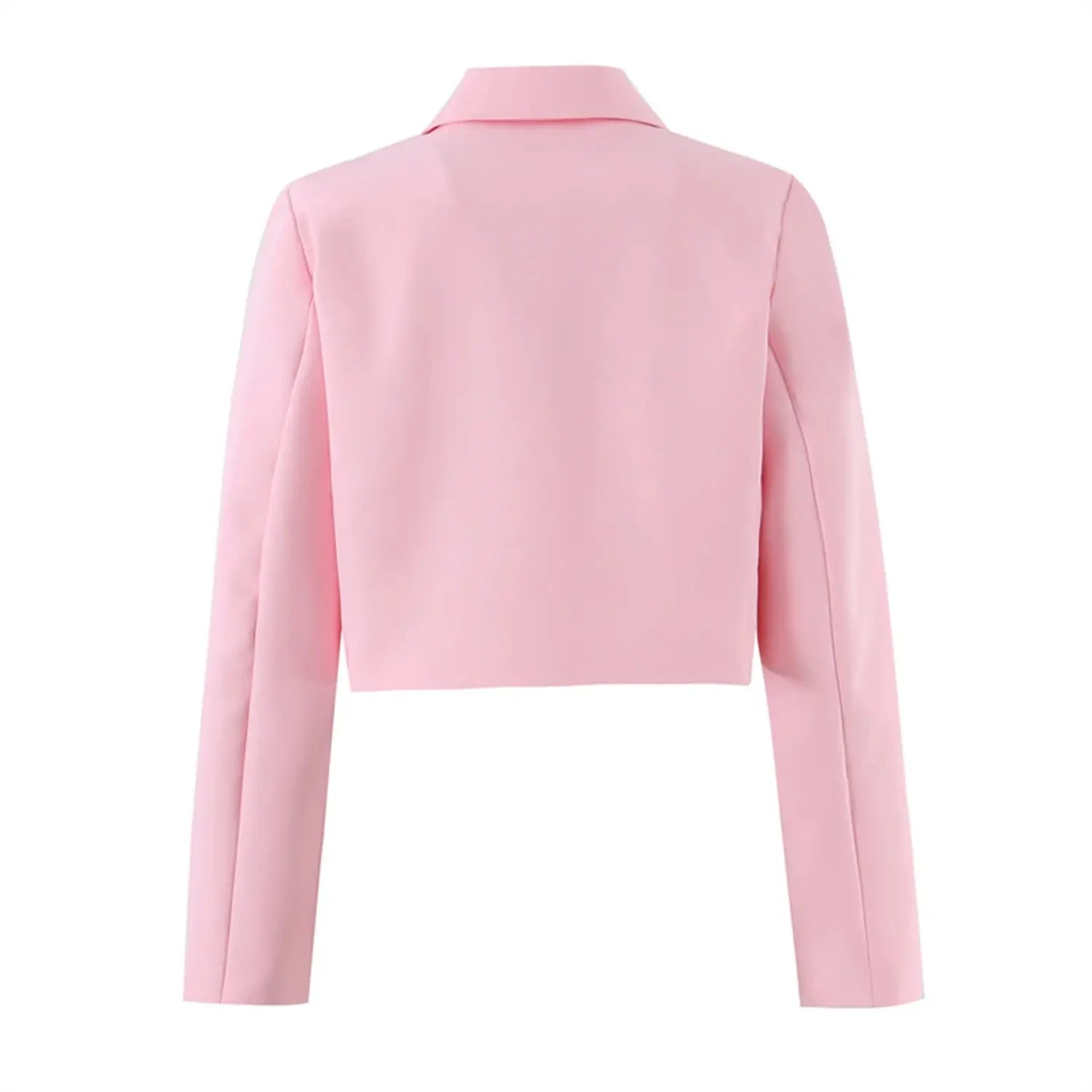 Complete back flat view, solid pink back panel, structured shoulder seams, long straight sleeves, clean cropped hem, lightweight tailored blazer material