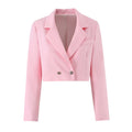 Full front flat lay of baby pink cropped blazer jacket, notched lapel collar, long sleeves, double-breasted metal buttons, chest pocket, tailored short hem, smooth woven suiting fabric