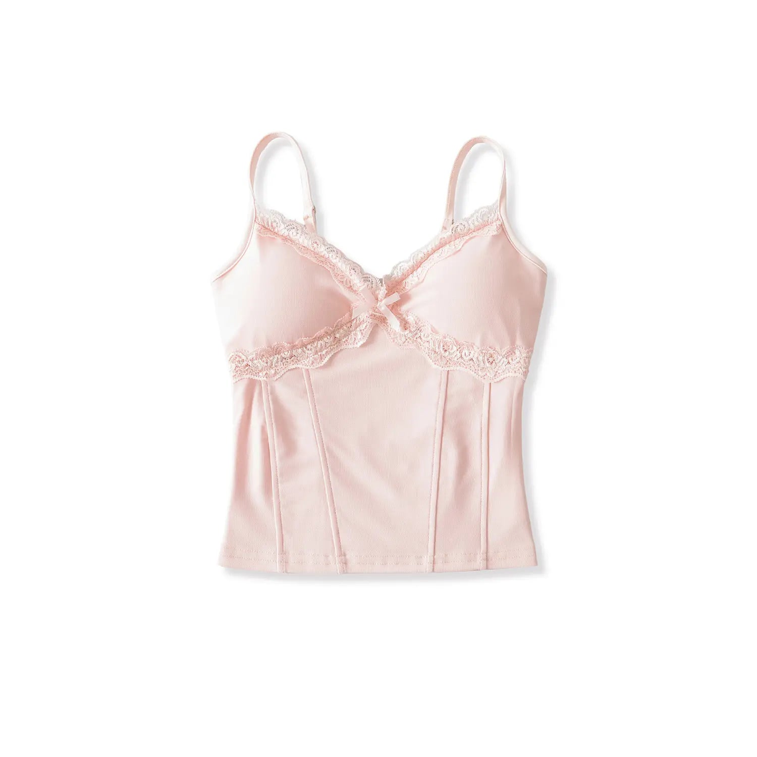 Single pink camisole full front flat lay, scalloped lace V neckline, center front tiny satin bow, vertical bust dart seams, ribbed soft knit fabric