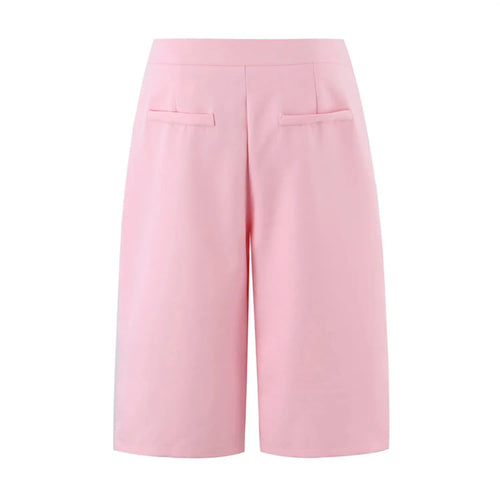 Complete back flat view, solid back waistband, two rear mock pockets, vertical leg seams, wide straight midi leg opening