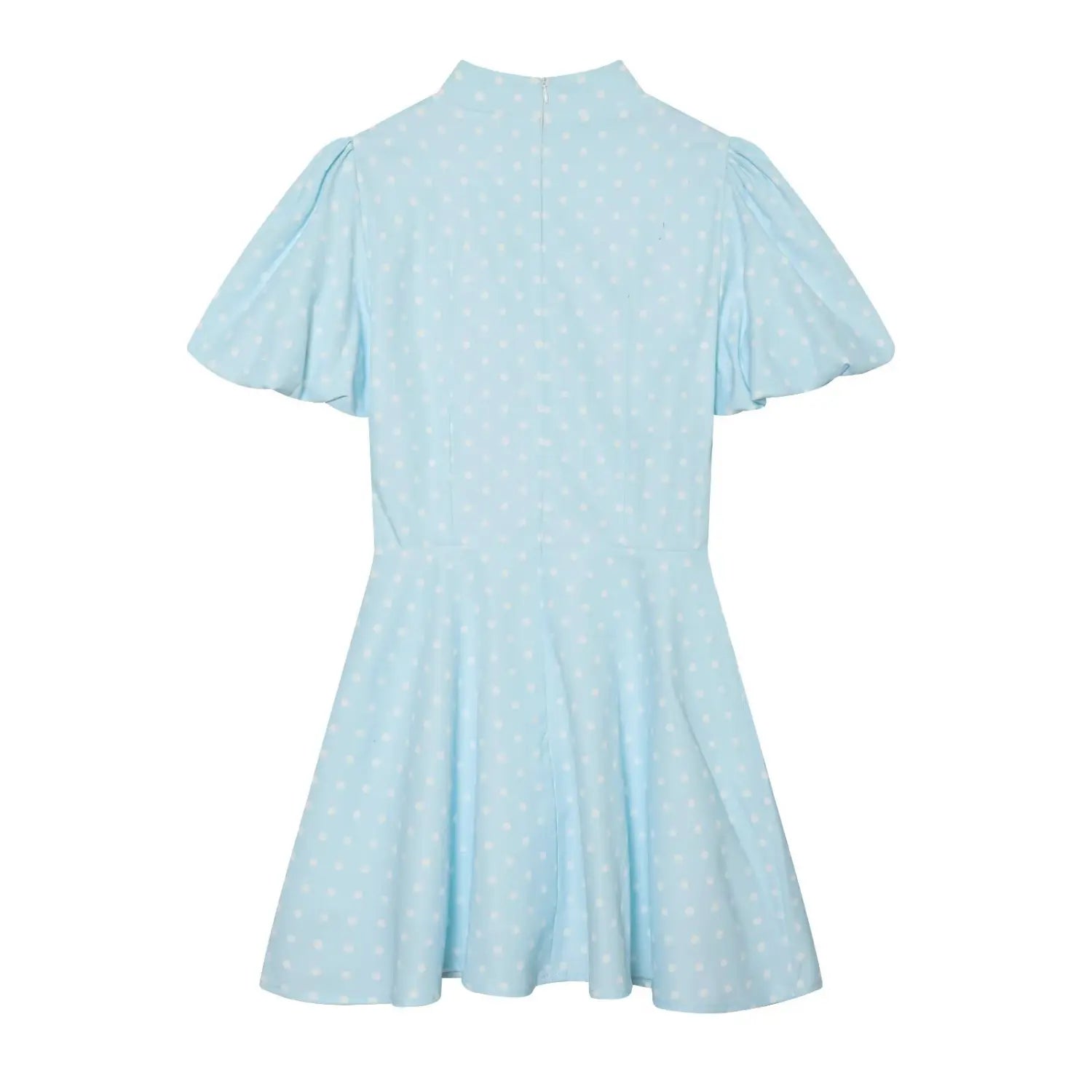 Baby Blue polka dot mini dress back view,concealed back zipper,puff short sleeve,short flared a‑line skirt