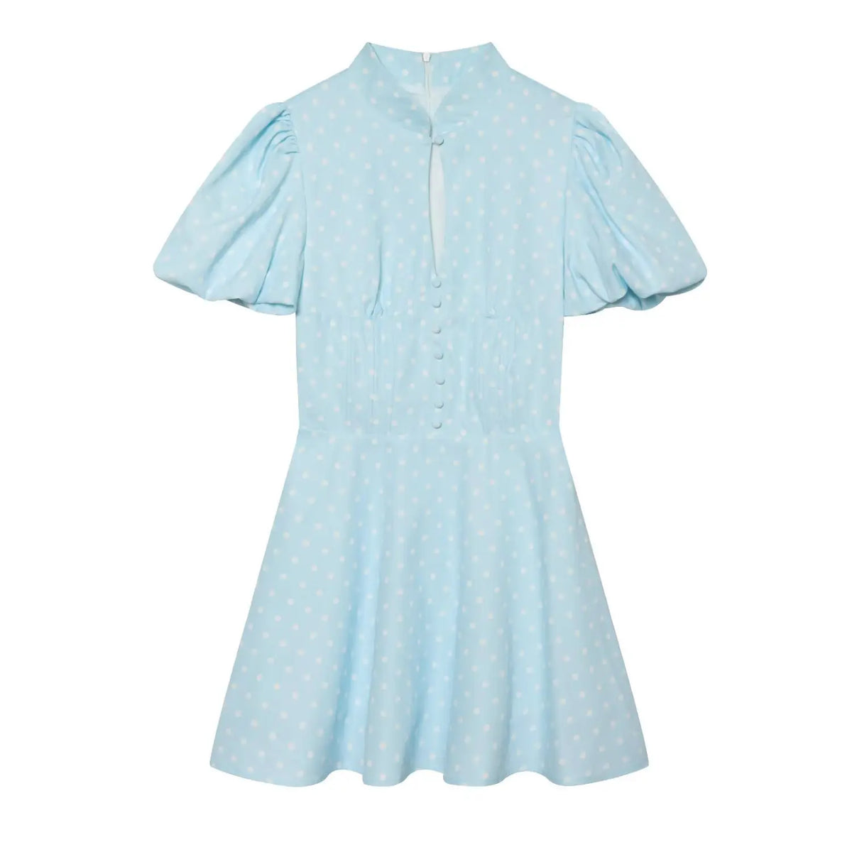 Baby Blue polka dot mini dress front view,puff short sleeve,stand collar,keyhole neck,faux button front,fit‑flare mini dress