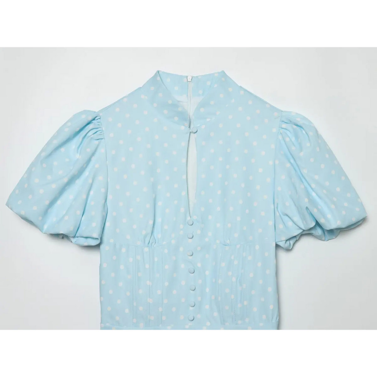 Babyblue white polka dot dress front partial view,stand collar,puff short sleeve,faux button bodice,back zipper