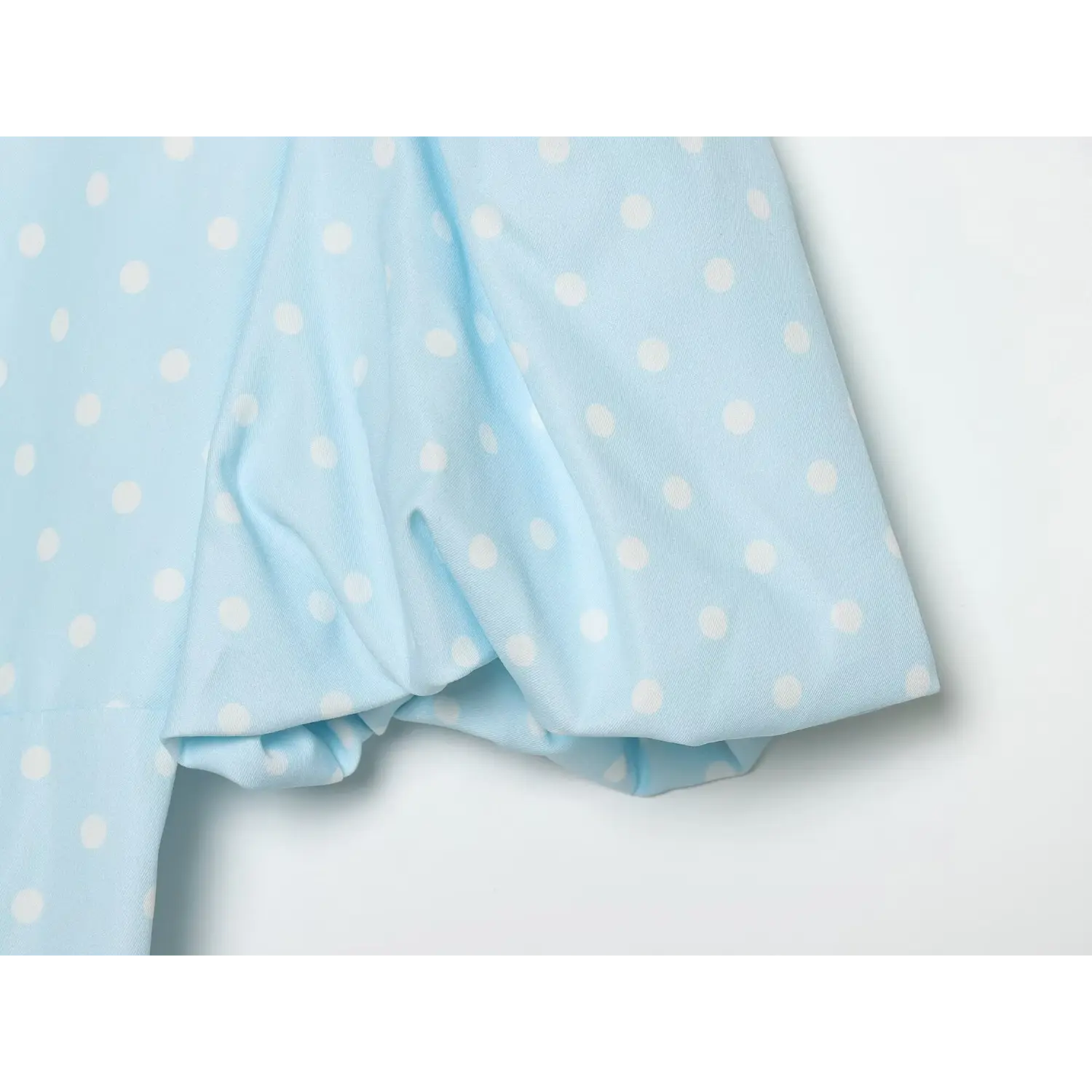 Babyblue white polka dot dress puff short sleeve close‑up,gathered bubble sleeve fabric detail