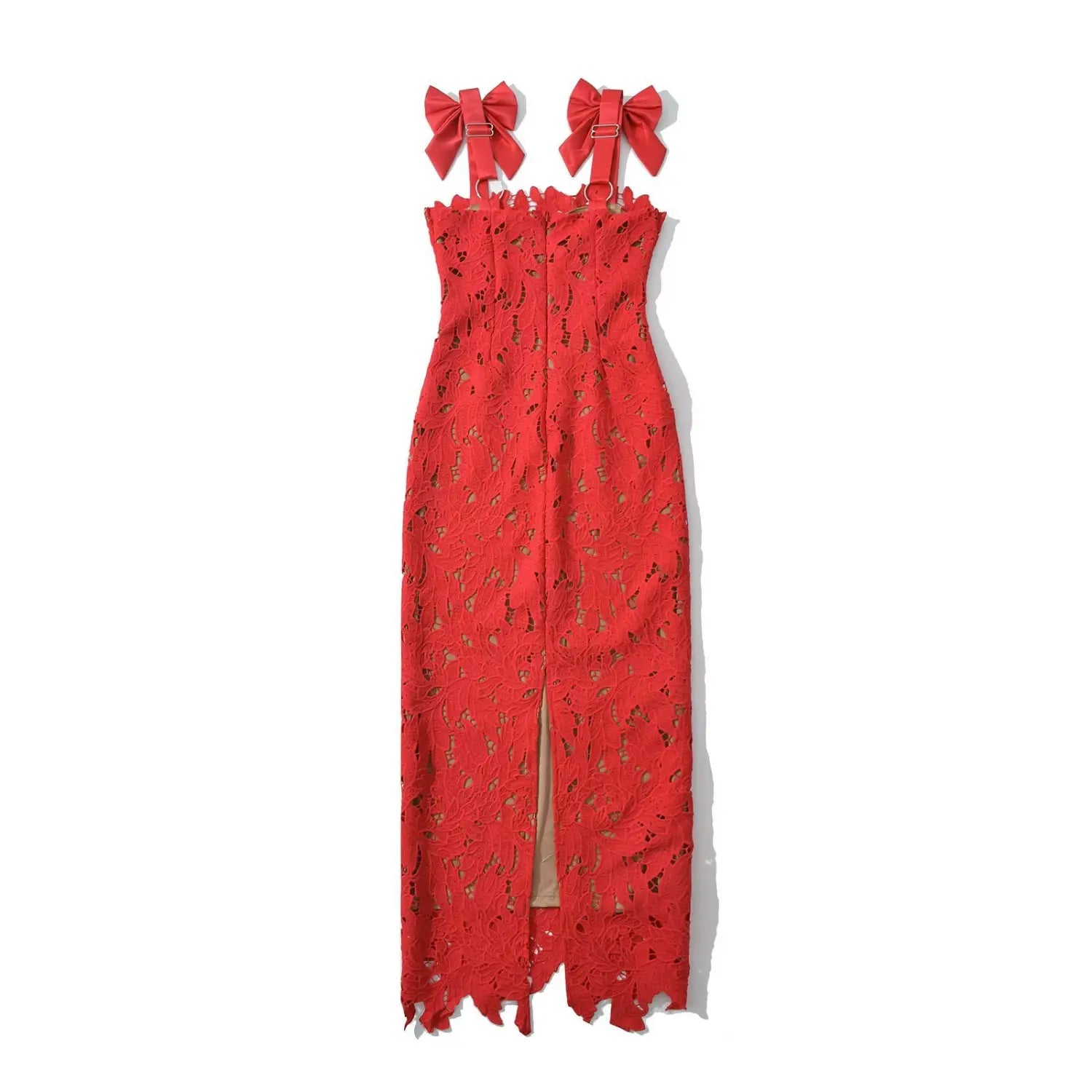 Back center matching red teardrop pull invisible zipper lace dress macro close-up, red lace binding smooth silent slide nude non-sheer lining stitching shot