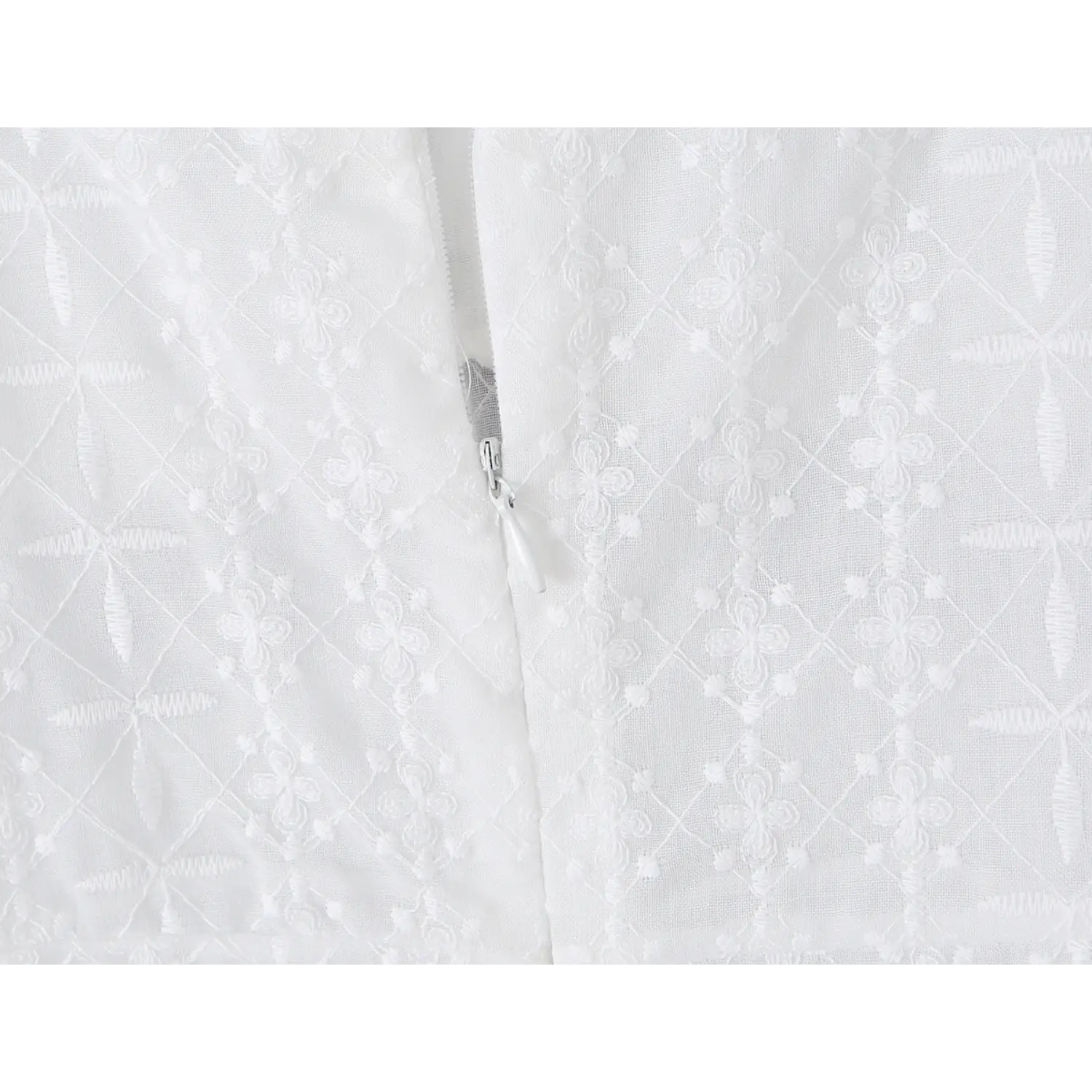 Back center teardrop pull invisible zipper lace dress macro close-up, matching embroidery binding smooth silent slide waist fitted stitching craft shot