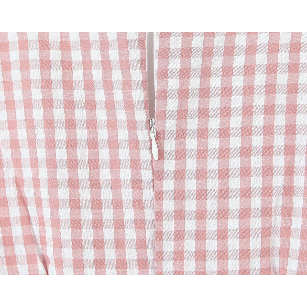 Center back invisible zipper on pink white gingham cloth