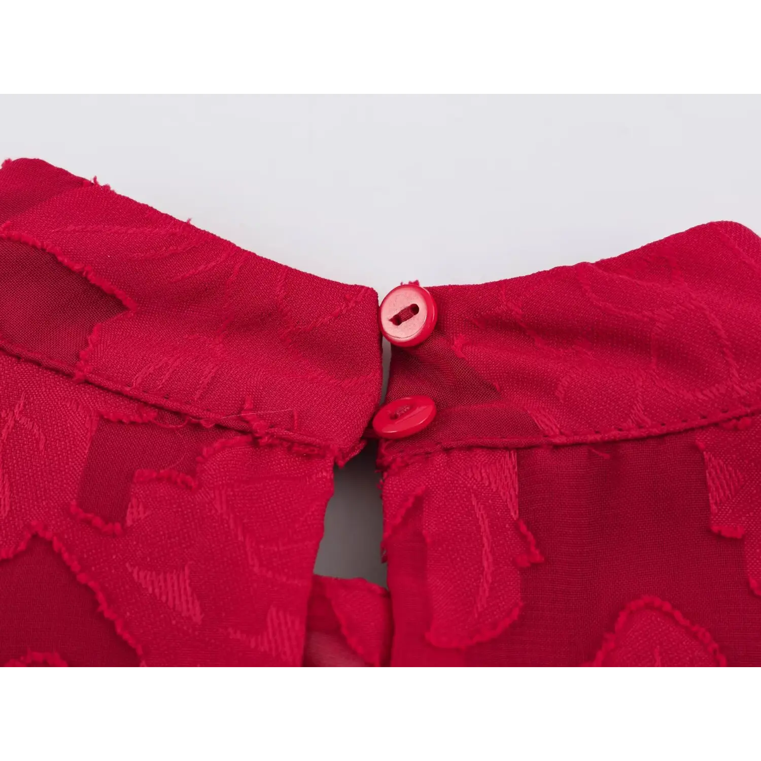 Back stand collar fastener macro shot, round fabric covered frog button, vertical inner zipper inside neck cutout