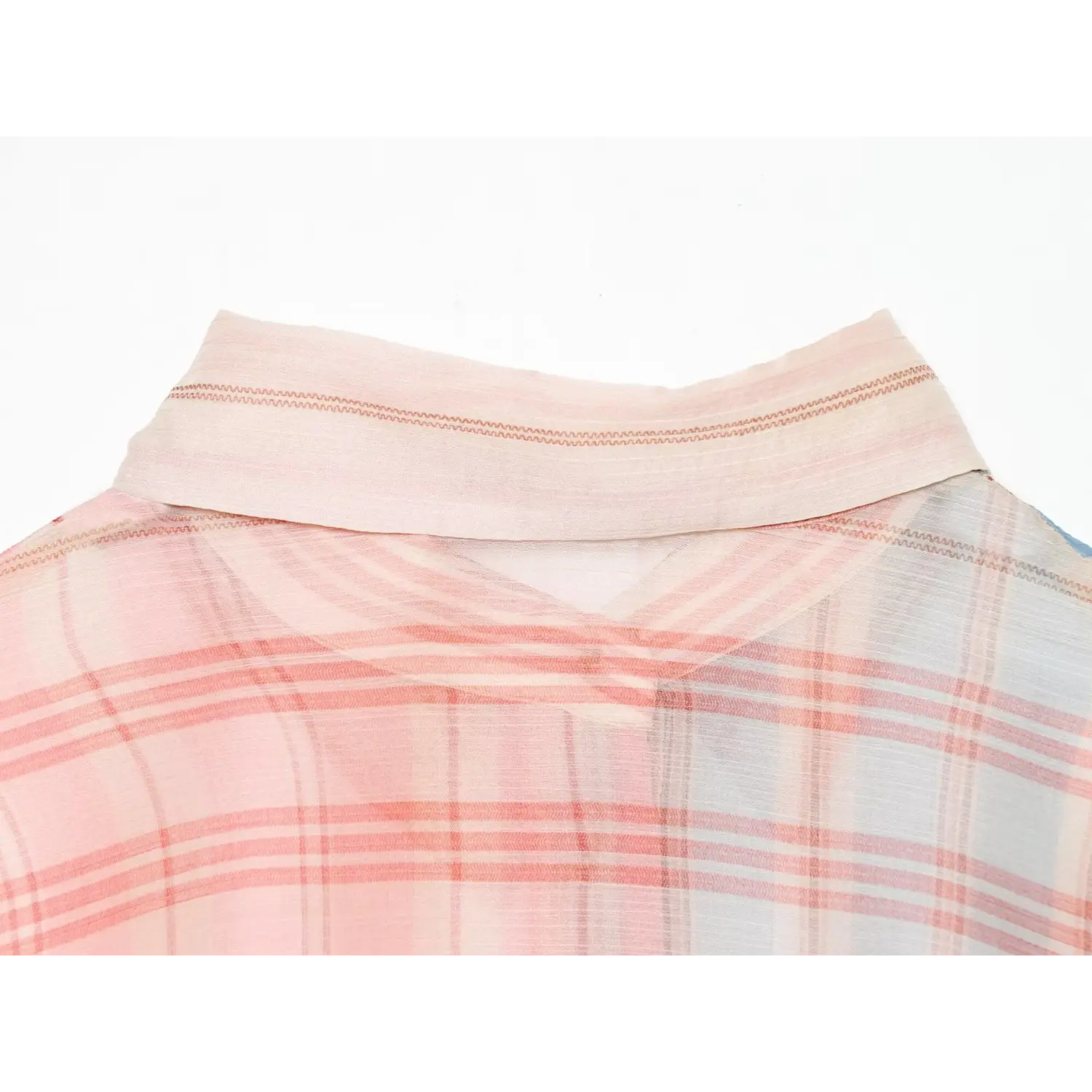 Back neck close-up, mixed pink plaid woven stripe texture, lightweight semi-sheer material