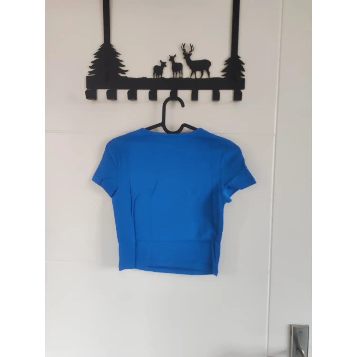  Back hanging view solid blue stretch crew neck cropped short sleeve top