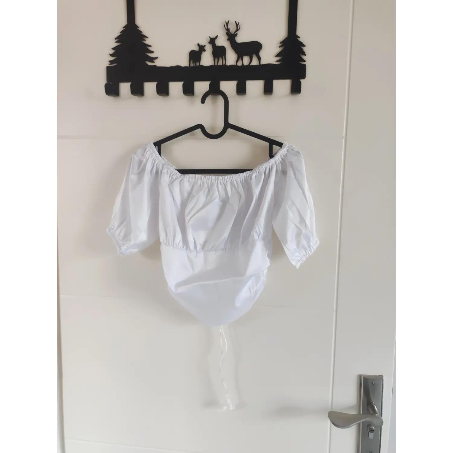 Back hanging view white satin off-the-shoulder short sleeve cropped blouse