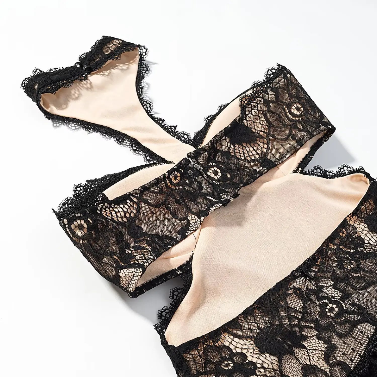 Lace maxi dress full back macro overview, center teardrop invisible zipper double layer waist cutout built-in bra cups nude lining fitted waist craft shot