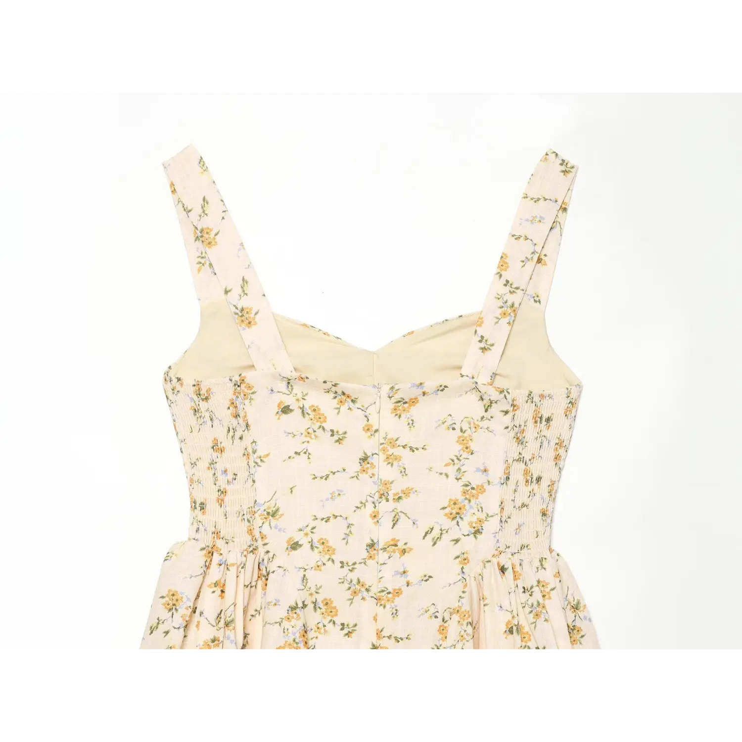 Back invisible white zipper floral dress inner layer macro close-up, full lining cover zipper smooth slide easy wear inner structure shot