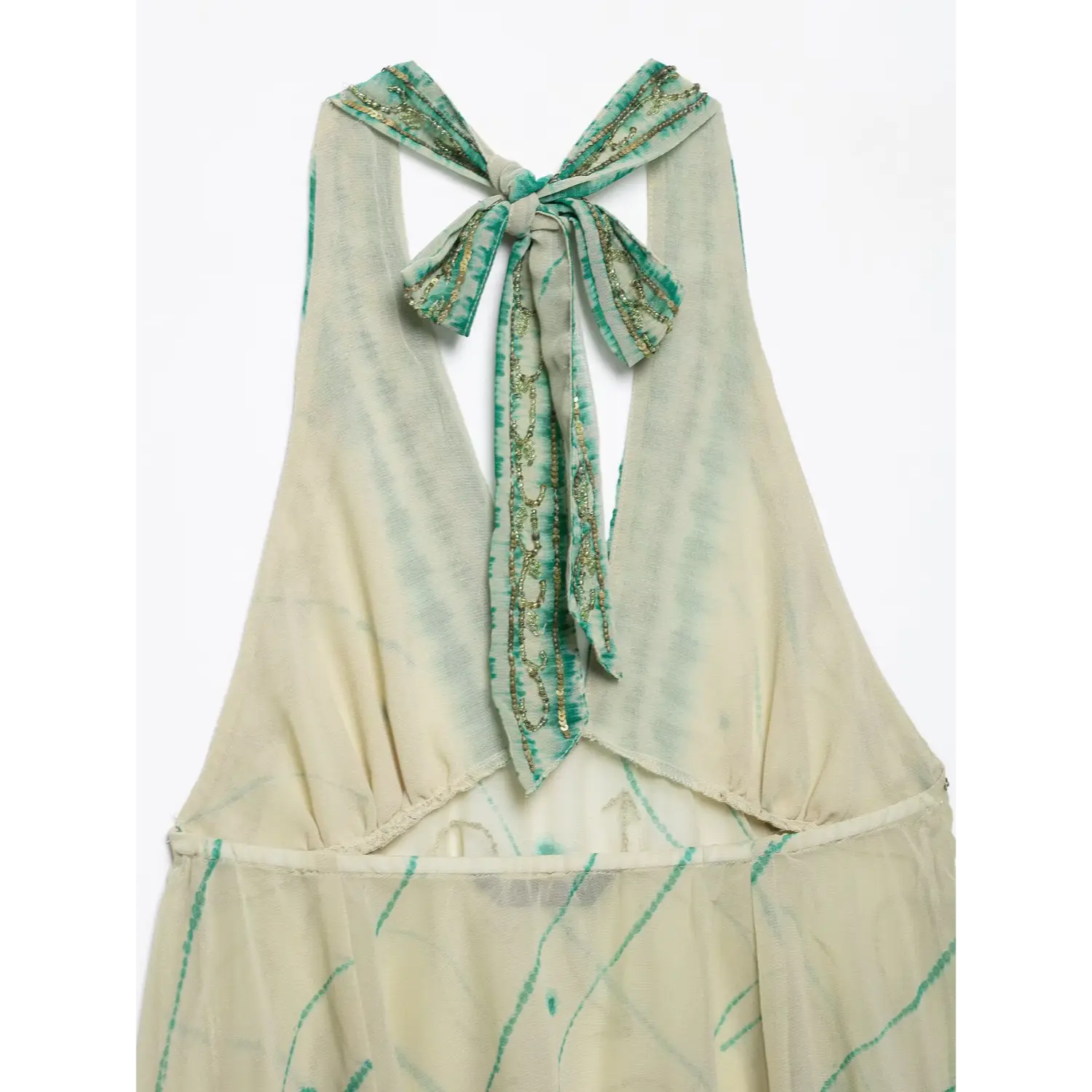 Back hollow cutout self tie bow shot, matching tie-dye printed chiffon tie, neat fabric serged edges