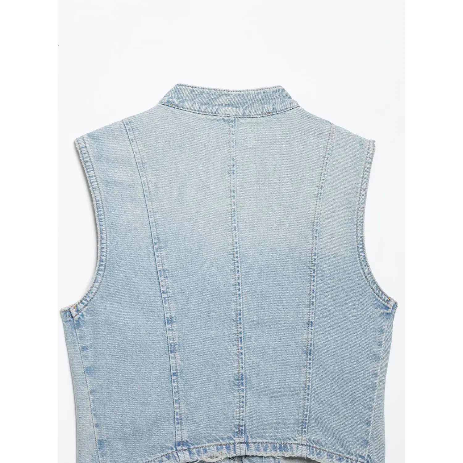 Back panel stitching detail of light wash sleeveless denim waistcoat, clean tailored silhouette