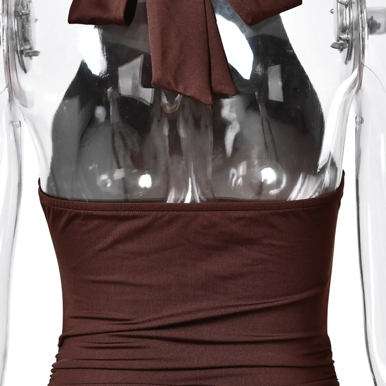 Back ruched fabric panel closeup, high neck halter mini dress