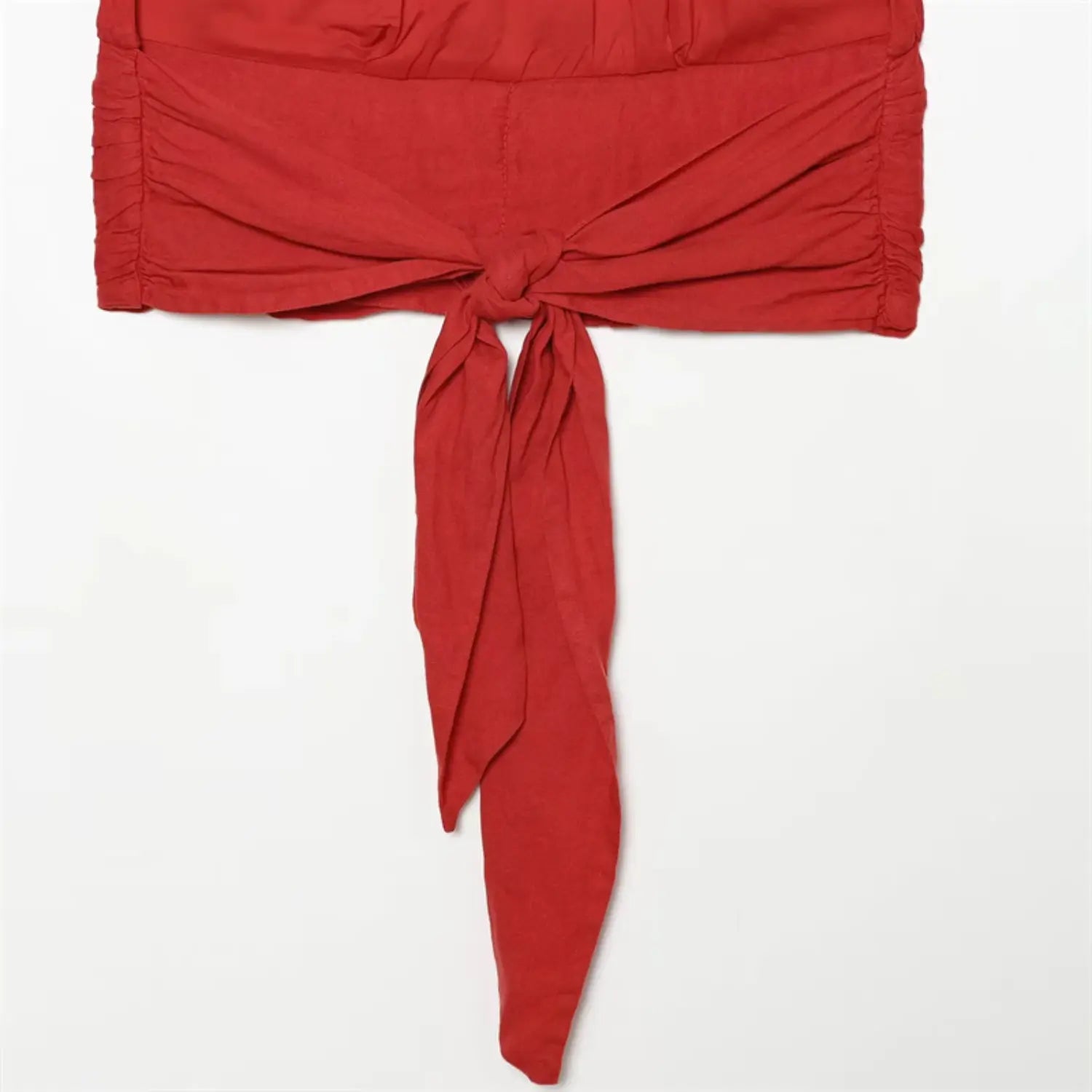 Rear waist full view, long matching fabric tie sash, casual knot design, side waist gathering