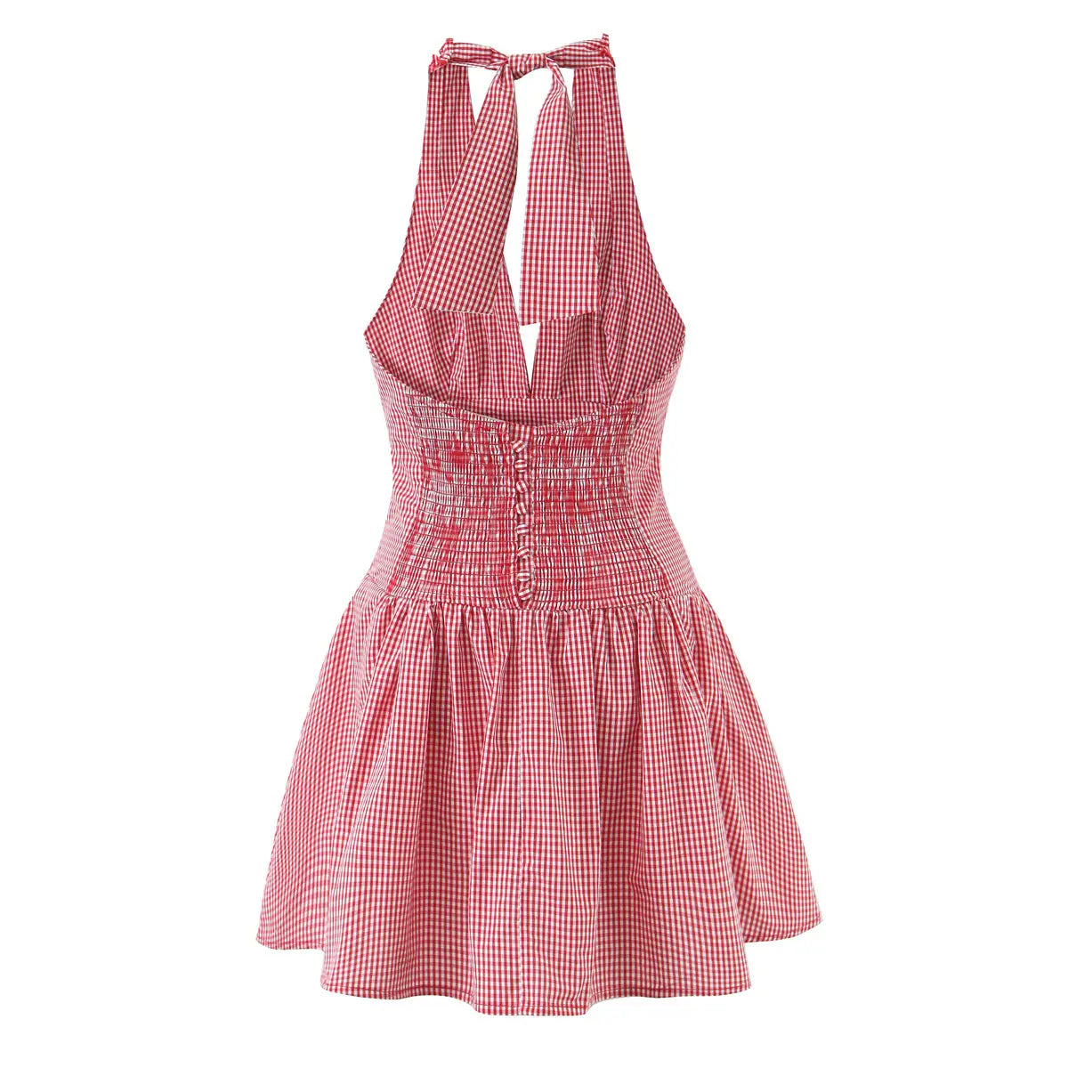 Full back view smocked waist halter gingham sundress