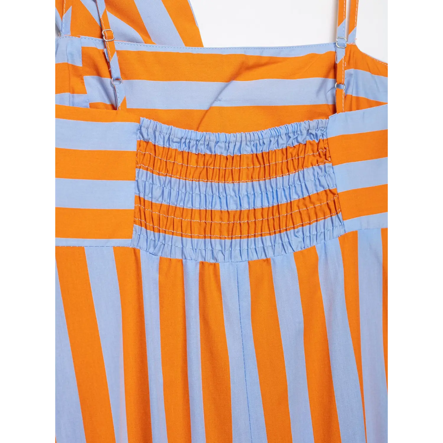 Macro shot elastic smocked stitching back bodice detail striped spaghetti strap maxi dress