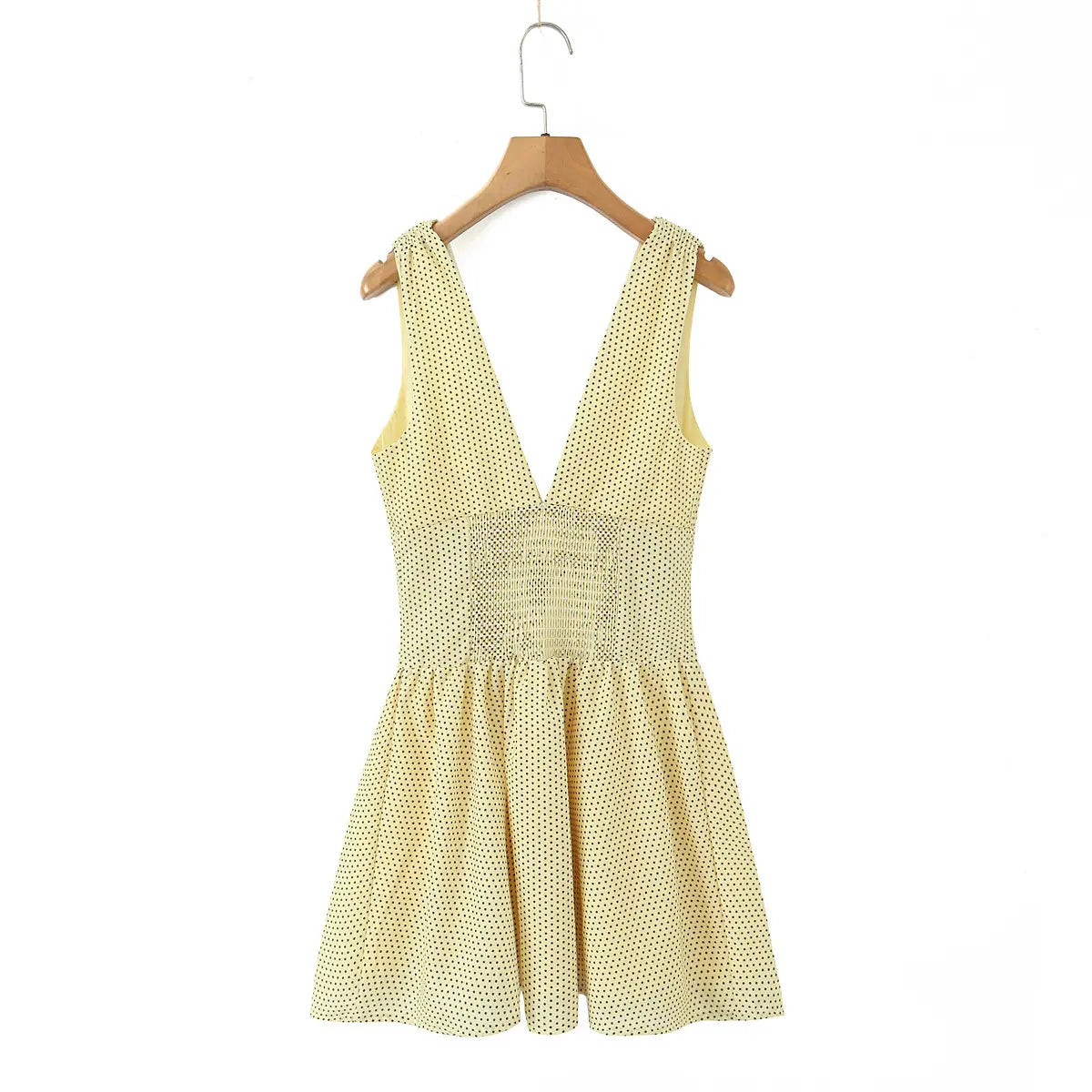 Full back view elastic smock waist sleeveless dot sundress