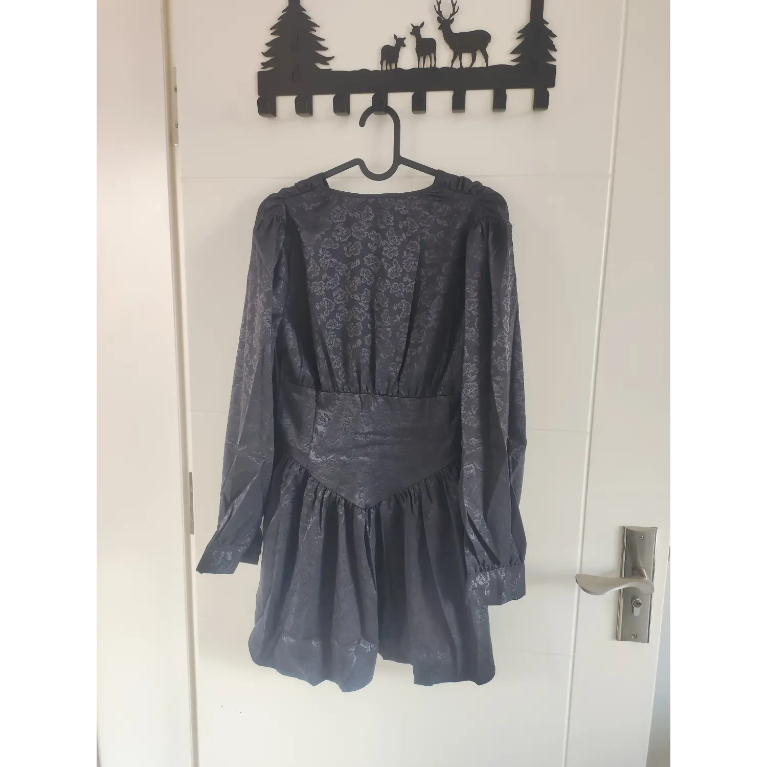 Back full view, puff shoulder long sleeve black tone floral jacquard mini dress | Detail