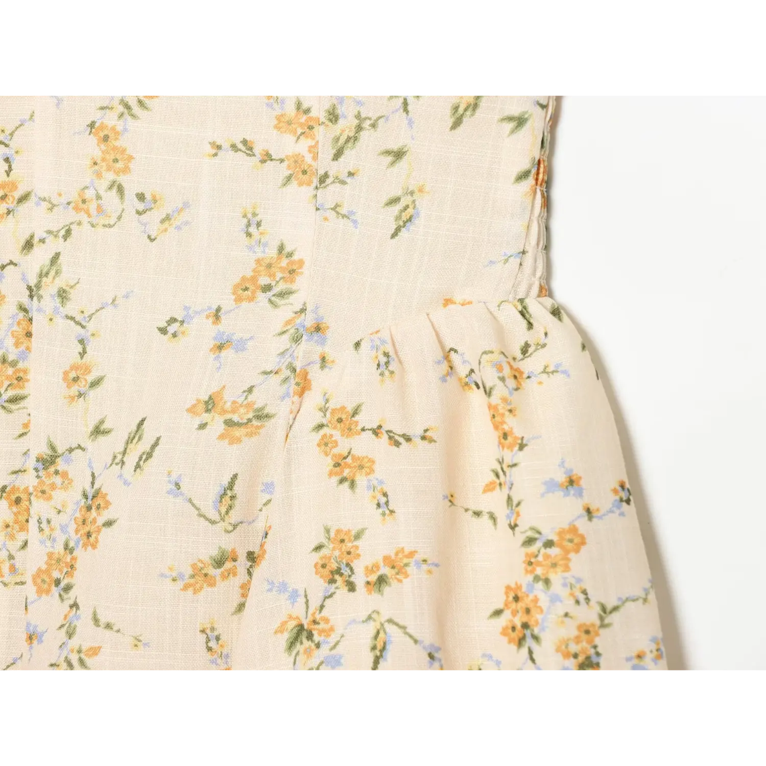 Back waist full shirred elastic floral dress flat close-up, dense stretch ruches multi waist size fit waist shaping back craft shot