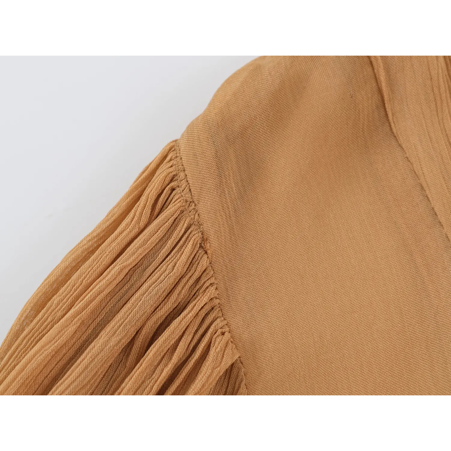 Close‑up shoulder seam, gathered balloon sleeve construction, crinkled chiffon fabric