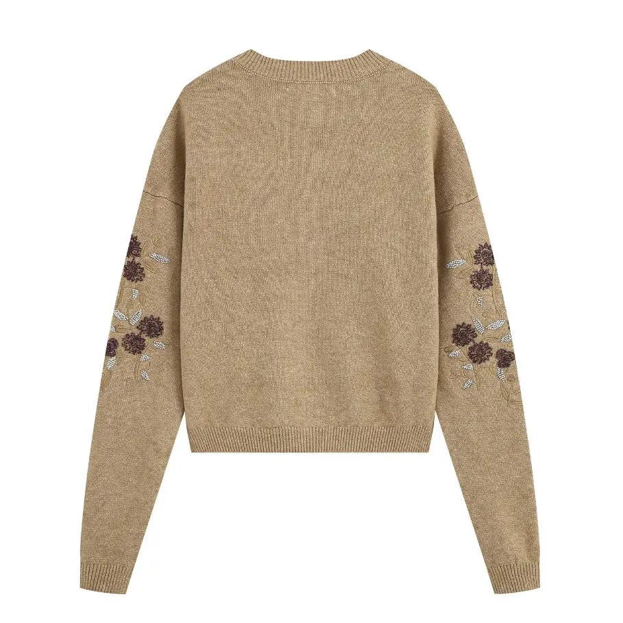 Beaded floral embroidered round neck cardigan, back flat lay