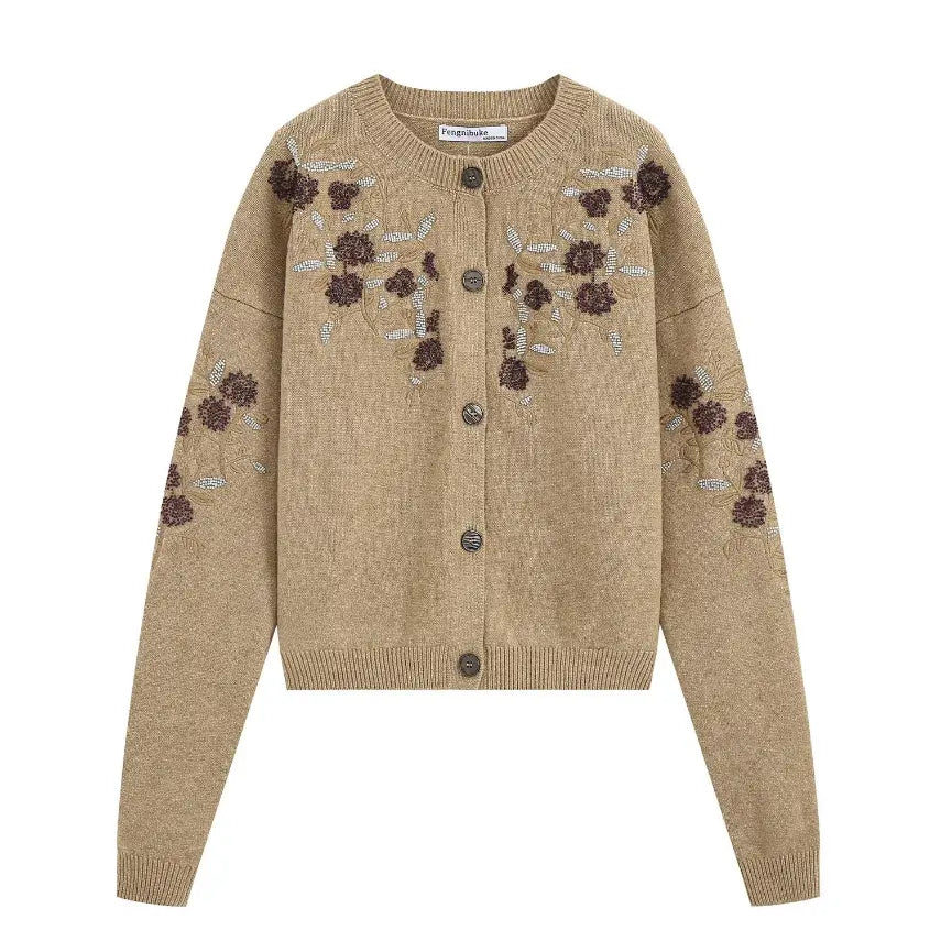 Beaded floral embroidered round neck cardigan, front flat lay