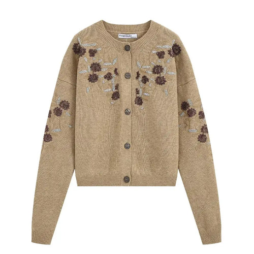 Beaded floral embroidered round neck cardigan, front flat lay