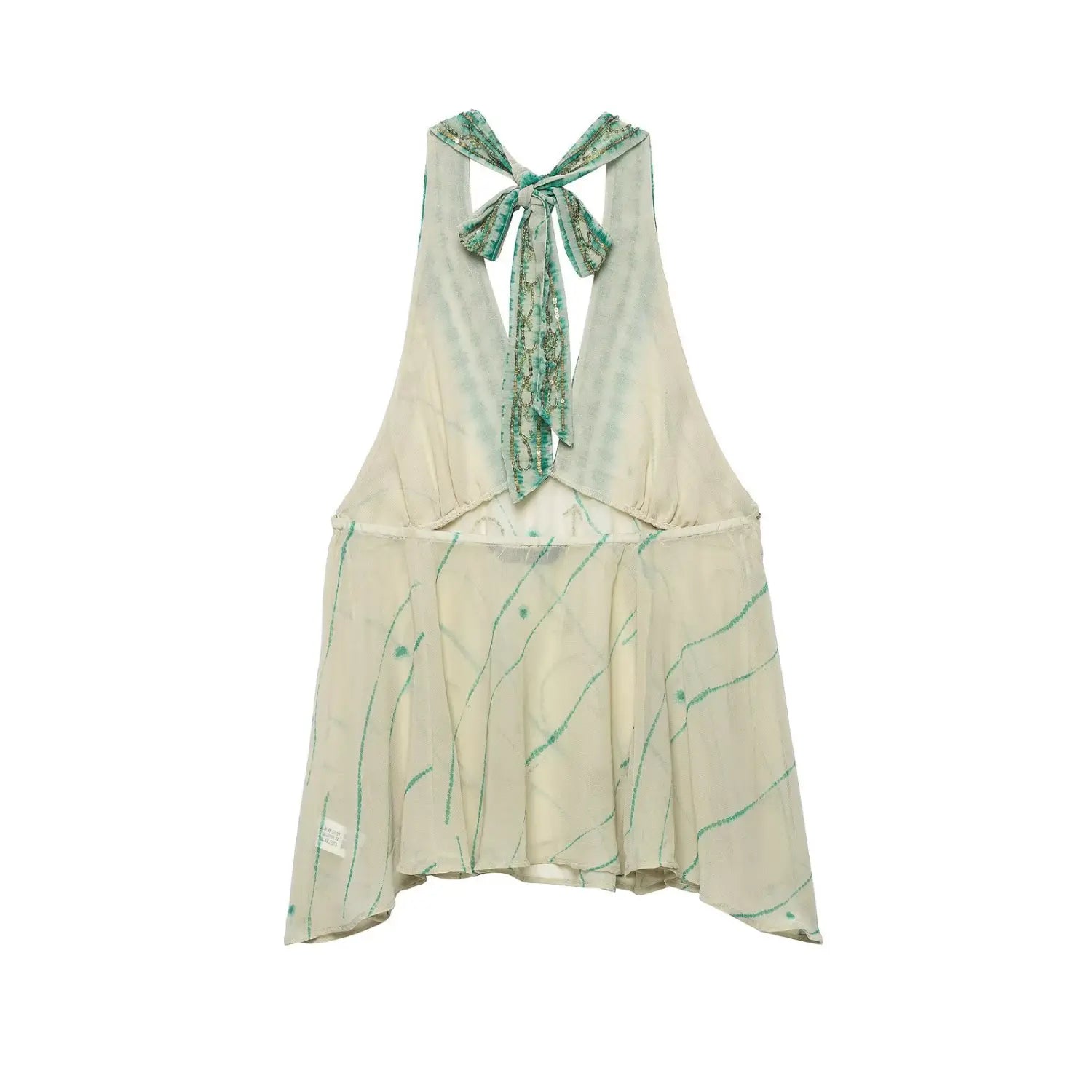 Complete back flat lay shot, large hollow back cutout, self-fabric tie bow at neck, sheer chiffon woven fabric