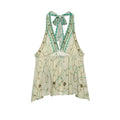 Garment front flat lay main view, off-white base green tie-dye print, deep V halter neck, full golden bead & sequin embroidery, peplum flared hem