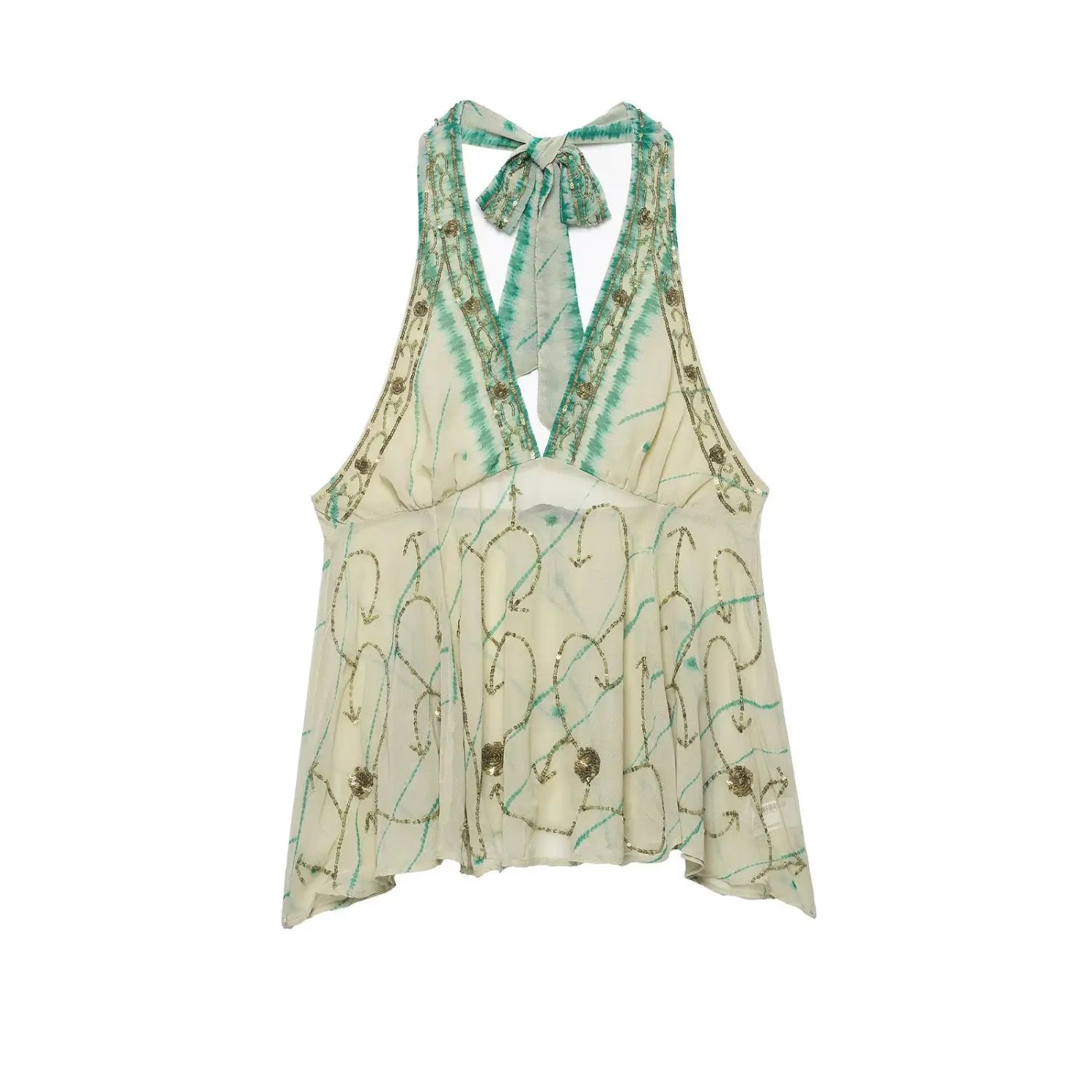 Garment front flat lay main view, off-white base green tie-dye print, deep V halter neck, full golden bead & sequin embroidery, peplum flared hem