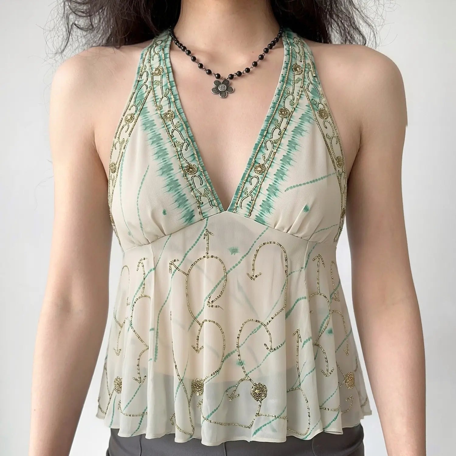 Model front lifestyle wearing shot, show real fitting effect, deep V halter beaded cami top, casual vacation outfit
