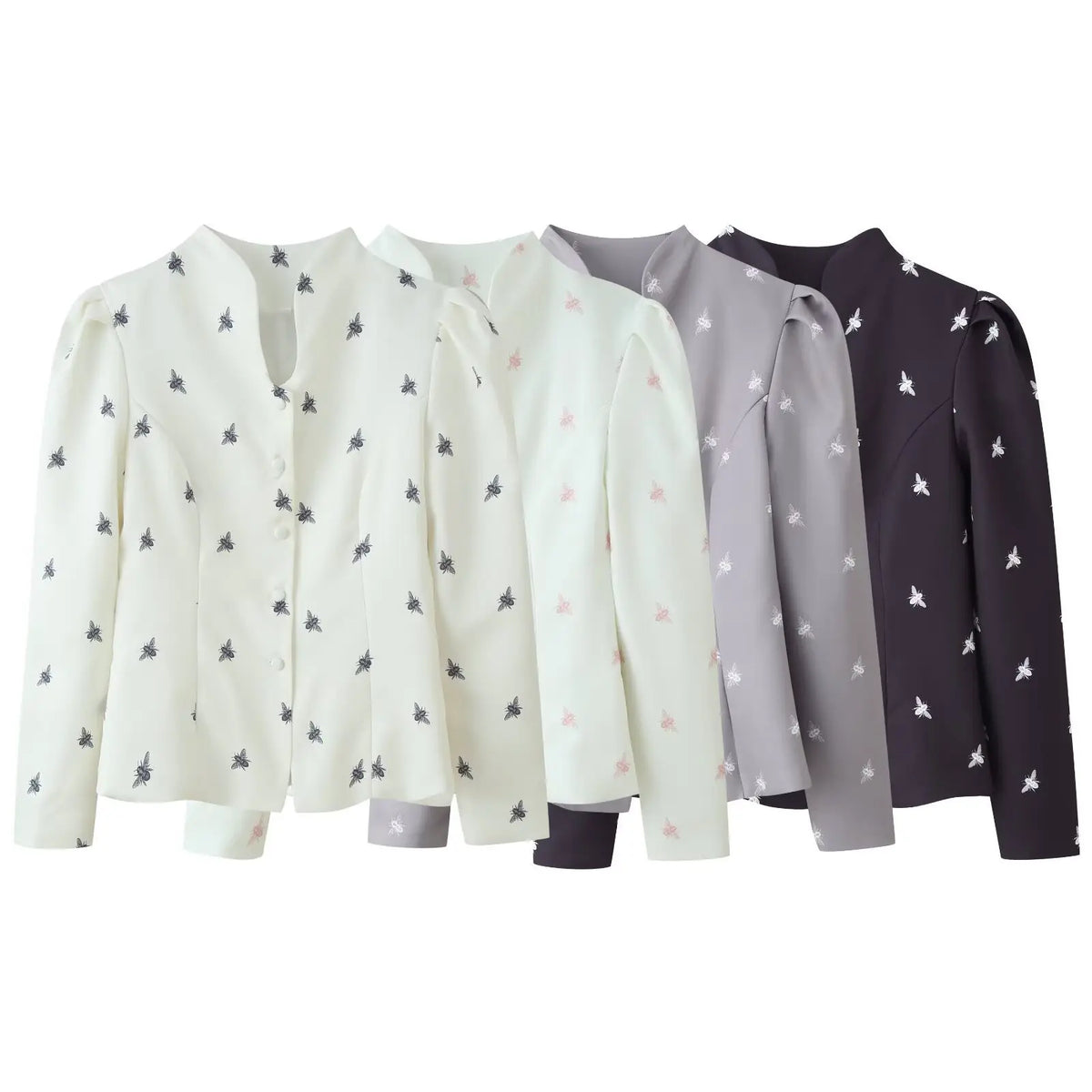 Bee print stand collar button front fitted jacket in four colorways, flat lay