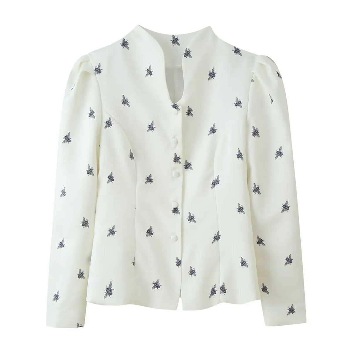 Cream navy bee print stand collar button front fitted jacket, front flat lay