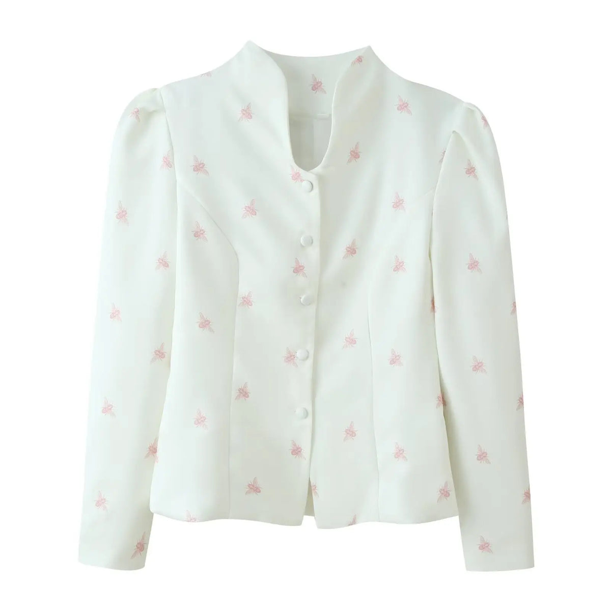 Cream pink bee print stand collar button front fitted jacket, front flat lay