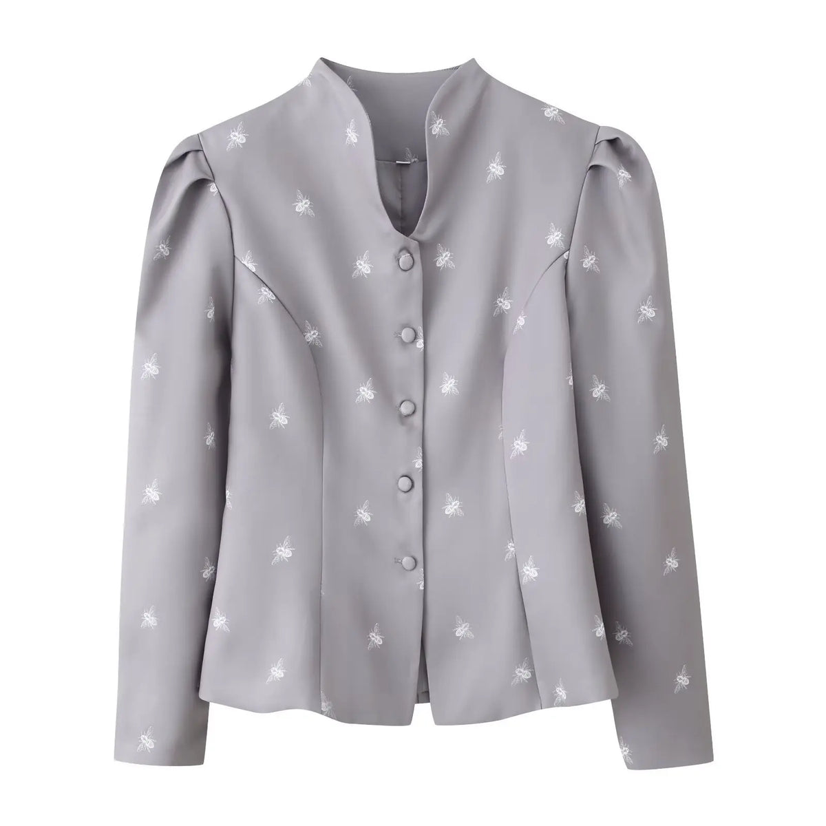 Grey bee print stand collar button front fitted jacket, front flat lay